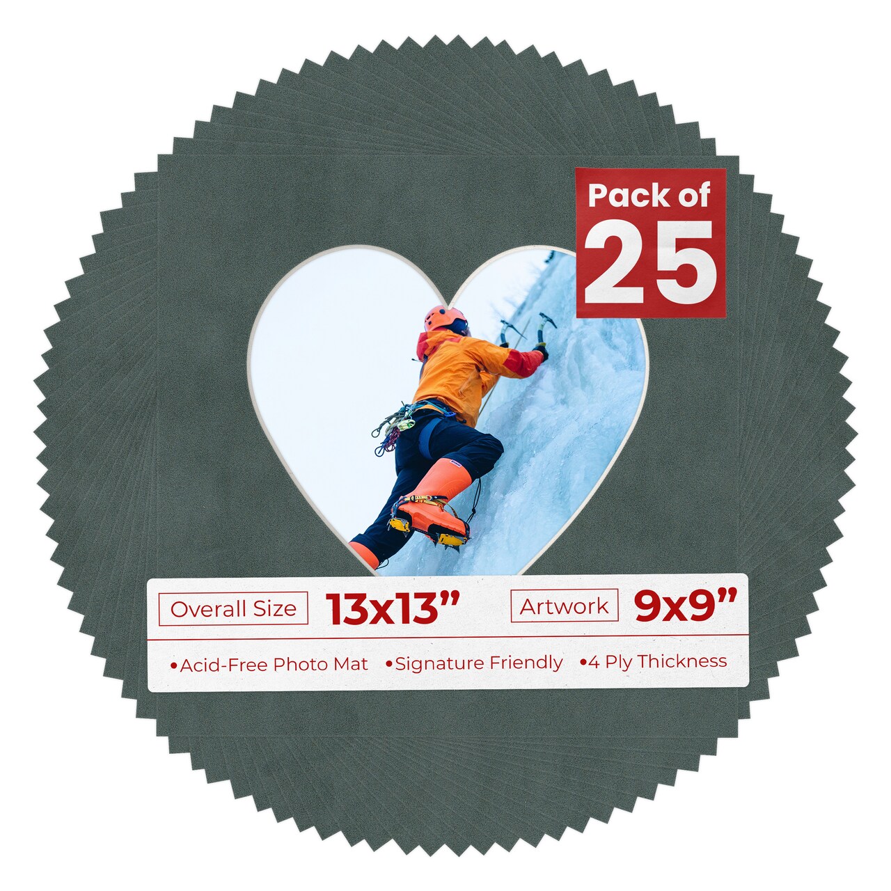 Dark Grey Suede Mat Board for 13x13 Frames - Heart Opening for 9x9 Photos